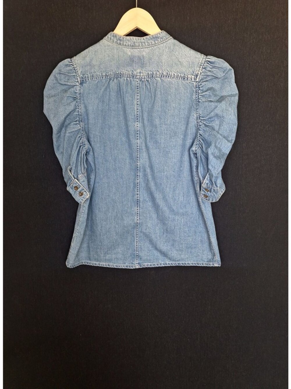💙 Denim Blouse Puff Sleeve Top 100% Cotton Size M/L Light Wash Mandarin Collar - Picture 5 of 6